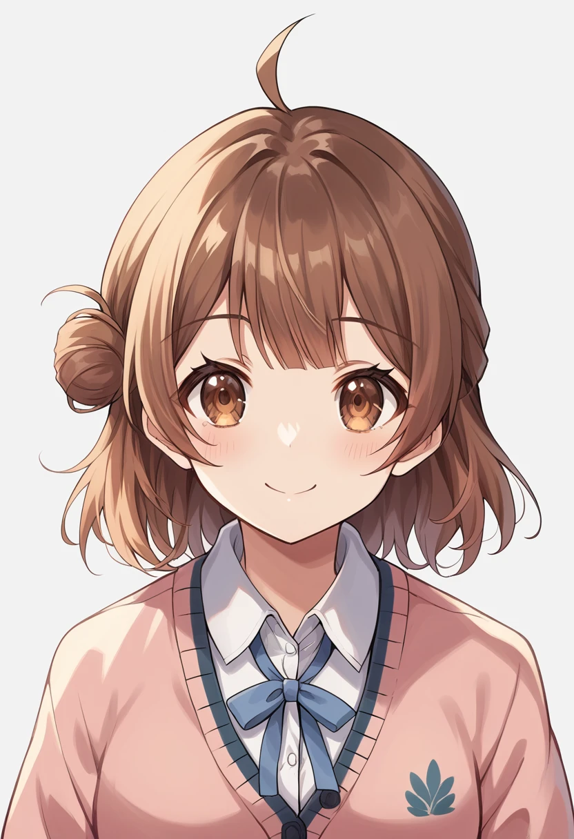 score_9, score_8_superior, score_7_superior, score_6_superior, score_5_superior, score_4_superior, Break Source_anime,
masterpiece, Highest quality, Super detailed, Perfect Face, Detailed face,
ume-default, Hanami Ume, Brown eyes, smile,Brown Hair,Medium Hair, Hair Bun,Ahoge,school uniform, cardigan,Dress shirt
