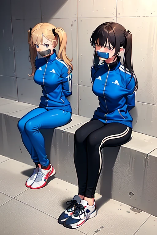 ((2 girls)), ((twin tails)), ((pony tail)), (sexy),  ((simple_background)), ((concrete floor, concrete wall)), ((underground room)), ((arms behind back)), ((scowl)), ((sitting on the knees)), ((tape gag)),  ((helpless)), ((calm)), ((struggling)), (blue tracksuit,tracksuit,tights pants, long black pants)