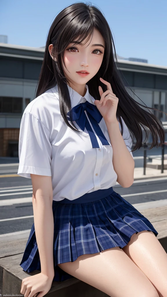{Top Quality, Masterpiece}, (Realistic: 1.3), Wallpapers, ultra high res, ultra high quality, BREAK {{{FF7, Tifa_lockhart, solo}}},{{{Japan JK uniform, White short-sleeved shirt, Navy Blue Plaid Pleated Skirt, Dark blue short socks, loafers, see through shirt}}}, {{{Kawaii, Nogizaka idol}}}, Ultra-detailed face, Detailed eyes, Red eyes, (black brown hair, Large breasts: 1.0), About 18 years old, sensual, {{{erotic face ,erotic mouth, erotic eyes}}}, face focus:1.2, kiss pose:1.2, blush, shy ,kiss, BREAK {{background The roof of the school, at night}},