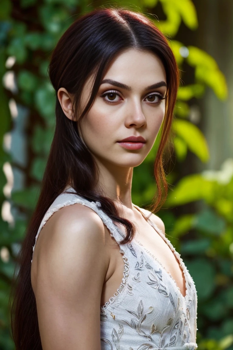 girl in a garden, wearing a white dress, beautiful detailed eyes, beautiful detailed lips, extremely detailed face and features, long eyelashes, flowing hair, graceful pose, (best quality,4k,8k,highres,masterpiece:1.2),ultra-detailed,(realistic,photorealistic,photo-realistic:1.37),natural lighting, vibrant colors, serene garden, lush greenery, flowers, (intricate,elaborate:1.2),ethereal,enchanting,whimsical, Jovana Ricalo, Natasha Tan Maciej Kuciara, Anna Nikonova aka Newmilky