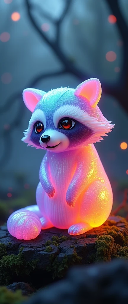 A captivating and whimsical 3D render of a haunted-inspired gelatin dessert, skillfully crafted into the shape of an extra fluffy and adorable baby raccoon. The dessert is translucent, radiating a mesmerizing color scheme with vibrant, holographic rainbow hues. It sits on a dark fantasy background, evoking a spooky atmosphere with fog, moss, and twisted branches. This delightful blend of cuteness and chills is sure to enthrall onlookers, making it a truly unique conceptual art piece., conceptual art, 3d render, photo, vibrant
