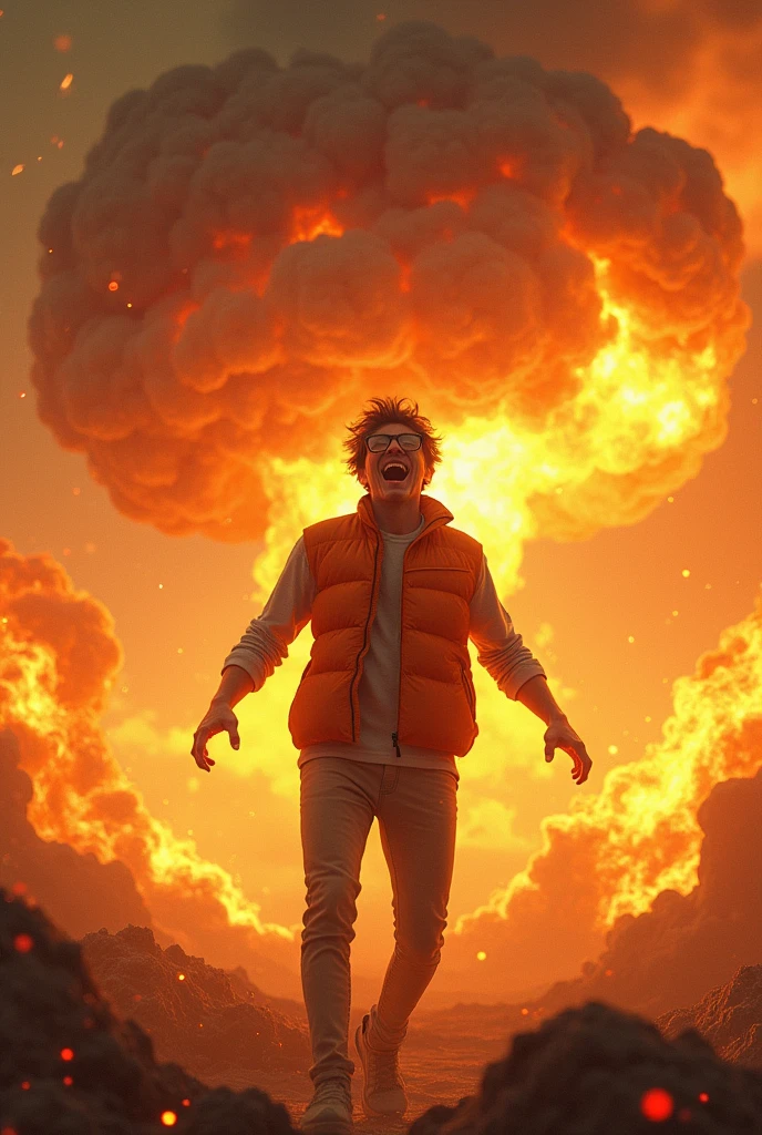 Thin and wearing glasses20A man about the age、Laughing in madness、wearing an orange vest、He is holding a nuclear bomb called the Tsar Bomba, which is bigger than him, in both hands and preparing to throw it.、The sea of fire all around