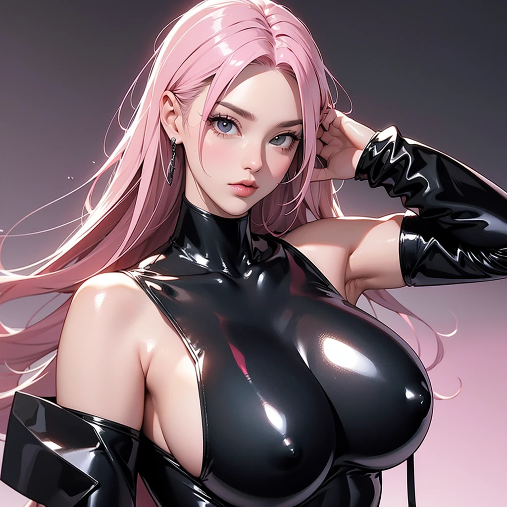 A beautiful woman. black latex suit, Upper body cut, Half shot, pink hair, huge boobs, Look at the camera.close up