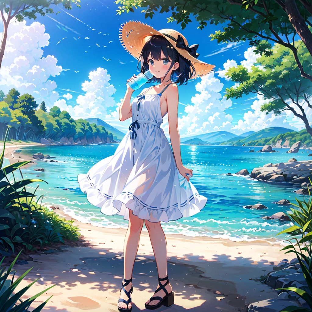 An illustration of a girl cosplaying. The characters are wearing fantasy wizard costumes. The costume is a deep purple robe and a pointy hat. They are holding a magic wand in their hands and posing happily. The night sky, which makes you feel a fantasy world, spreads out in the background, and the stars are shining. The overall image combines fantasy and fun. , Illustration of a young female character. The character has gray hair, and her straight hair extends all the way to her back. The eyes are bright blue and shine big. She has a gentle smile on her face, and the background is in soft pastel clouds. The outfit is a simple white dress, which gives a clean impression. Overall, it has a fantastic and dreamy atmosphere. , Illustration of a girl staying hydrated. This is a scene where the character is holding a refreshing blue sports bottle and drinking a drink. She blushes lightly and has a refreshed expression. The clothes are casual summer clothes, and the blue sky and green trees spread out in the background, creating a refreshing summer atmosphere. The scene gives an overall healthy and energetic impression. , Illustration of a girl staying hydrated. This is a scene where the character is holding a refreshing blue sports bottle and drinking a drink. She blushes lightly and has a refreshed expression. The clothes are casual summer clothes, and the blue sky and green trees spread out in the background, creating a refreshing summer atmosphere. The scene gives an overall healthy and energetic impression. , Please draw a stylish girl in summer attire. She's wearing a light sundress and sandals, and is wearing a wide-brimmed hat. Express the relaxed summer vibe with clear skies and gentle waves on the beach in the background. , Please draw a stylish girl in summer attire. She's wearing a light sundress and sandals, and is wearing a wide-brimmed hat. Express the relaxed summer vibe with clear skies and gentle waves on the beach in the background. , Please draw a stylis