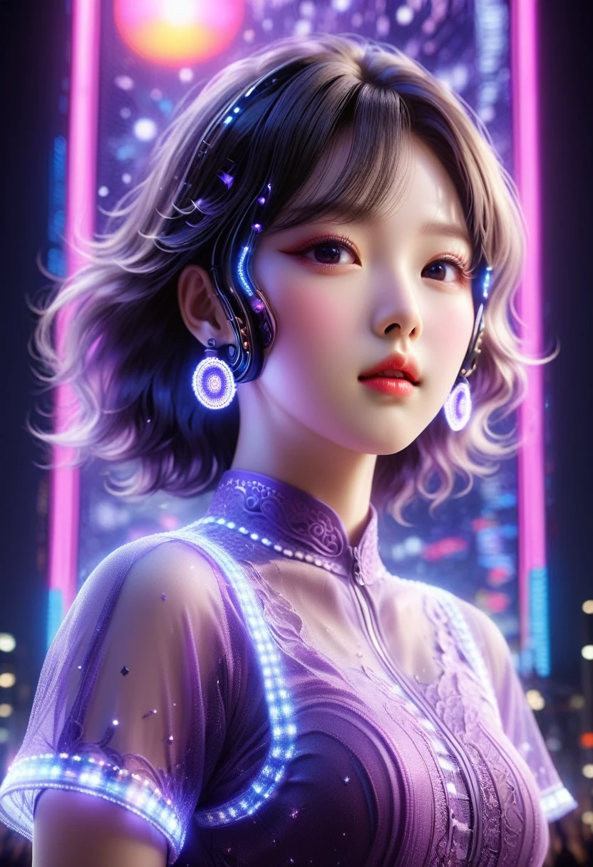 In vaporwave style, 아름다운 award세한, Vector illustration, minimal, digital illustration, Vector illustration,minimalism,digital illustration,Hackers wearing sportswear and masks are at work.,t-shirt design,dramatic lighting,Trends in art exhibitions ,수award 경력이 있는,award,Highly detailed cute bubbly Korean girl 18 years old Shim Eun Kyung singing loudly in front of super huge LED Screen),(happy),()Hold the microphone in your hand),(jumping pose,Dynamic action),Inspired by《이award한 그녀》,Shim Eun-kyung shows off her slightly curled baby-style hairstyle.,very pale skin,,Wearing a purple embroidered lace dress,background:LED Screen, dramatic lighting,