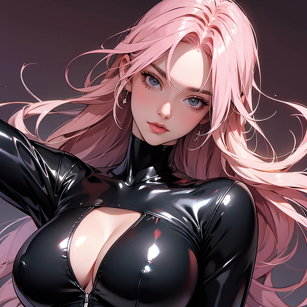 A beautiful woman. black latex suit, Upper body cut, Half shot, pink hair, huge boobs, Look at the camera.close up
