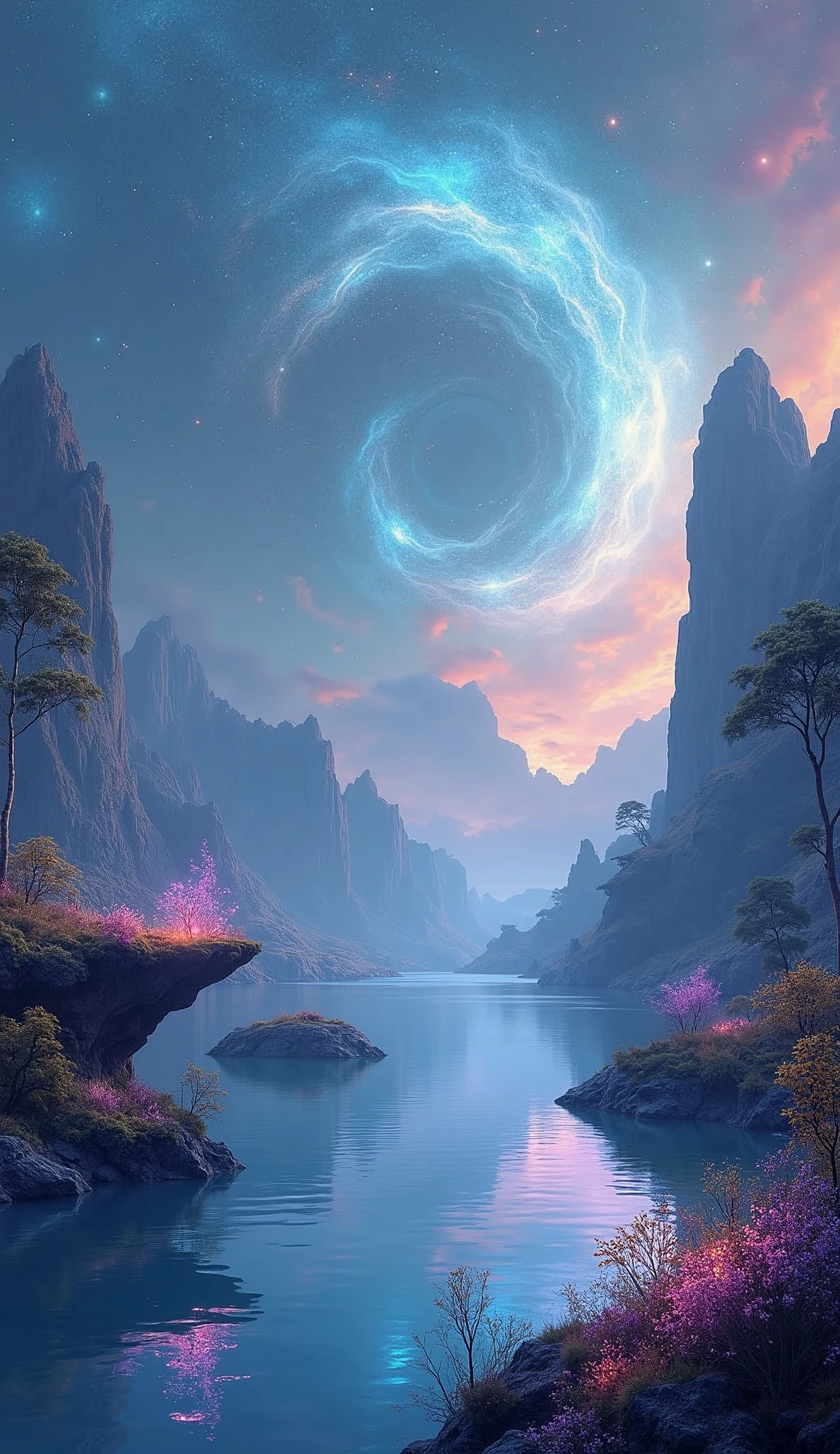 "An ethereal landscape bathed in soft, glowing light, with floating islands suspended in the air. The sky is filled with swirling galaxies and shimmering stars, casting a gentle iridescent glow over the scene. Below, a tranquil lake reflects the vibrant colors of a distant nebula, while luminescent plants and flowers emit a faint, magical aura. The atmosphere is serene and otherworldly, with a sense of infinite possibilities.
