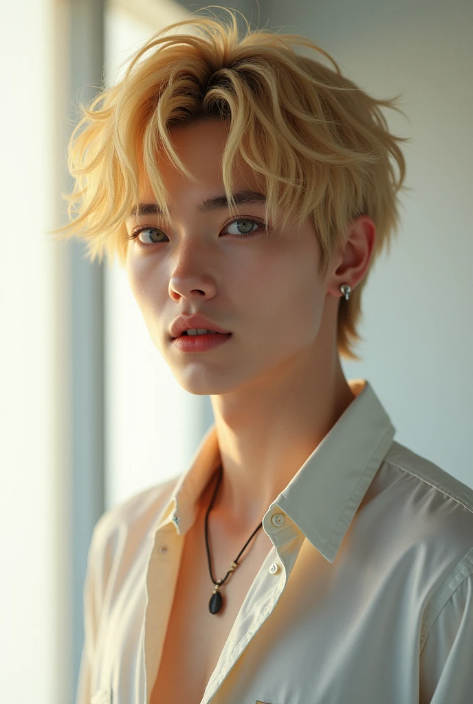 ((highest quality, 8K, masterpiece: 1.3)), Handsome boy 、20-year-old、Delinquent boy、 Laugh with your mouth wide open、Looks happy、Beautiful teeth、White teeth、Upper Body、well-groomed face, blond color、teeth、thin face、(white skin:1.5)、blue eyes、boy with makeup、Super handsome、laugh suspiciously、sexy eyes、Extra-fine face, handsome nose, small eyes and face, beautiful lighting, High resolution, detailed mouth, smile, whole body: 1.5, perfect body shape、super slim,Midial Hair、pointed hair、korean idol fashion、pattern shirt、 Silver earringspiercing