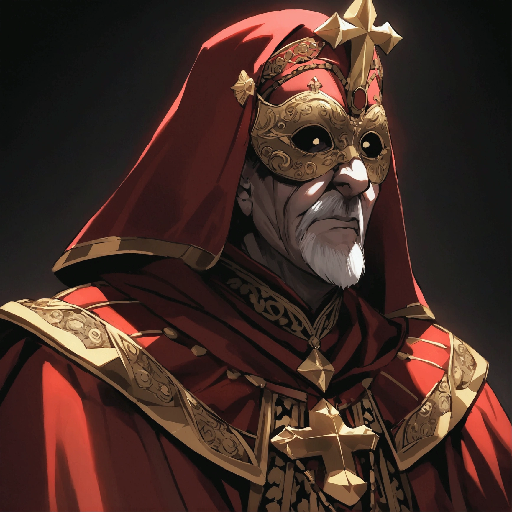 An old and ugly man, in a completely red tunic with gold details similar to a pope's robe, he wears a clergyman's hat, a scary golden mark on his face, the mask only has eyes and black details, It looks like a Venetian carnival marquera, the mask covers the entire face, dark background of a church