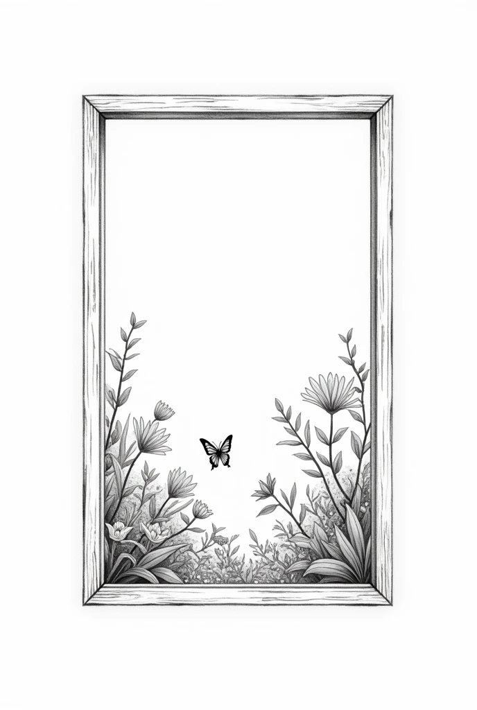 Create a very minimalist and delicate black and white illustration for a tattoo with fine lines of a vintage window with a flower garden with butterflies outside.