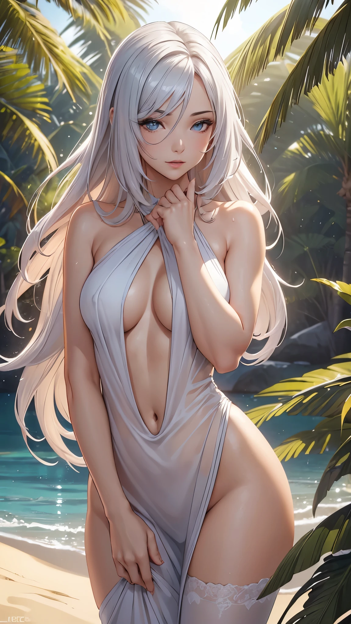 a very sexy girl, beautiful detailed eyes, beautiful detailed lips, extremely detailed eyes and face, longeyelashes, elegant pose(more erotic poses), seductive expression, flowing hair, porcelain skin, detailed dress,paradise island (coastal area, white sand) , sunlight filtering through trees, (best quality,4k,8k,highres,masterpiece:1.2),ultra-detailed,(realistic,photorealistic,photo-realistic:1.37),cinematic lighting,dramatic colors,vibrant palette, Nsfw