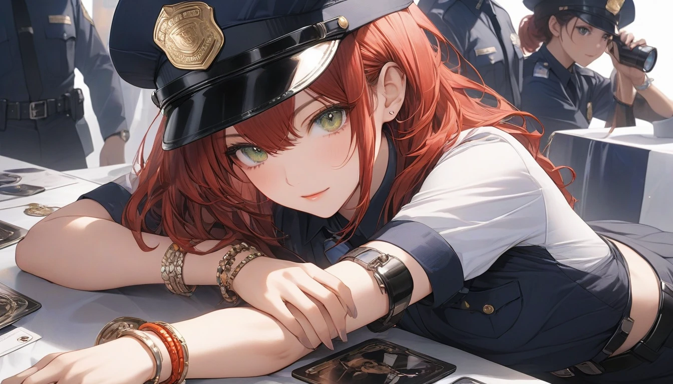 ,1. A very cool girl, alone,Look at the camera,Wear a police uniform,Very detailed CG unity 8k wallpaper.,illustration,Lens 135mm,Masterpiece,(bracelet:1.3),(metal cover:1.3),white background,Masterpiece,best quality,Masterpiece,The best eyes,stand, Green quality,red_hair, Masterpiece,best quality,Dark People,Masterpiece,best quality,