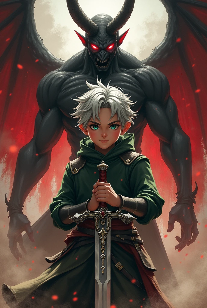 A , muscular but short boy with dull grey hair that is wild and sticks out, bright clover green eyes, and a wide smile, as wide as his shoulders. He holds a sword. The black-red devil is behind him...