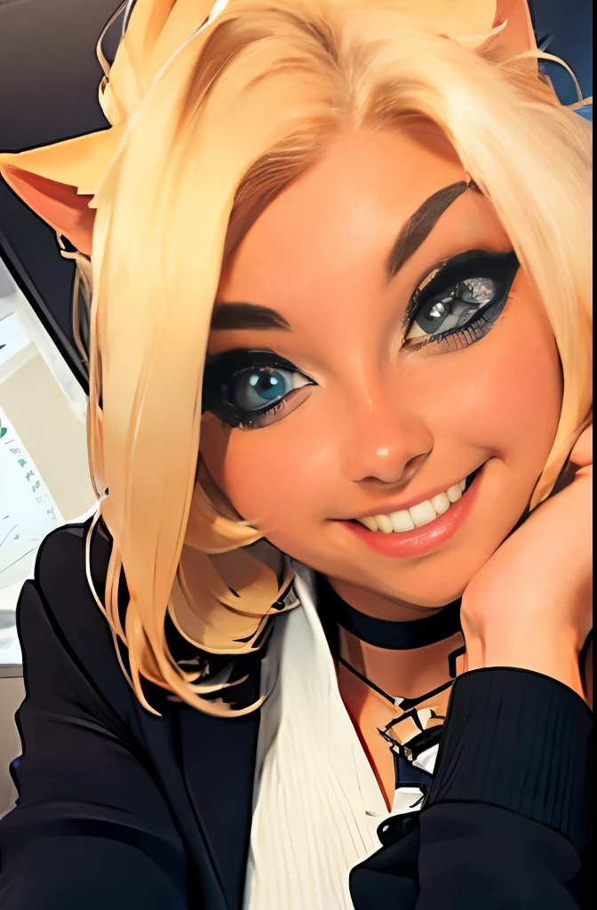 nsfw, masterpiece, (best quality:1.2), (sharp focus:1.2),, 1 girl, slim girl,, (blonde|light_yellow hair), cat ears,, detailed face, young|cute face, blush, evil smile,, natural breasts, thin arms,, white collared shirt with black tie, black choker,, in a modern office, indoor