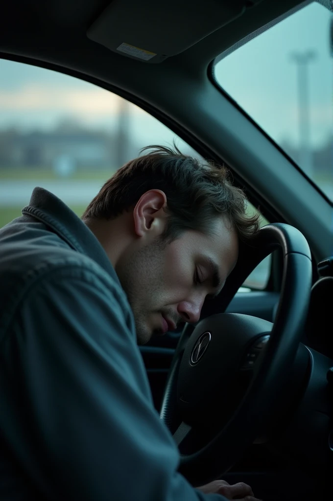 A person sleeps with his face pressed against the steering wheel.