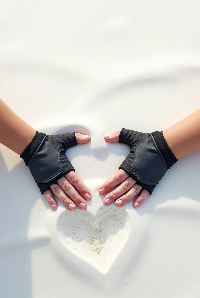 A boy with bycicle gloves on drawing a heart on white sand, make it realistic, only show the hands and the heart