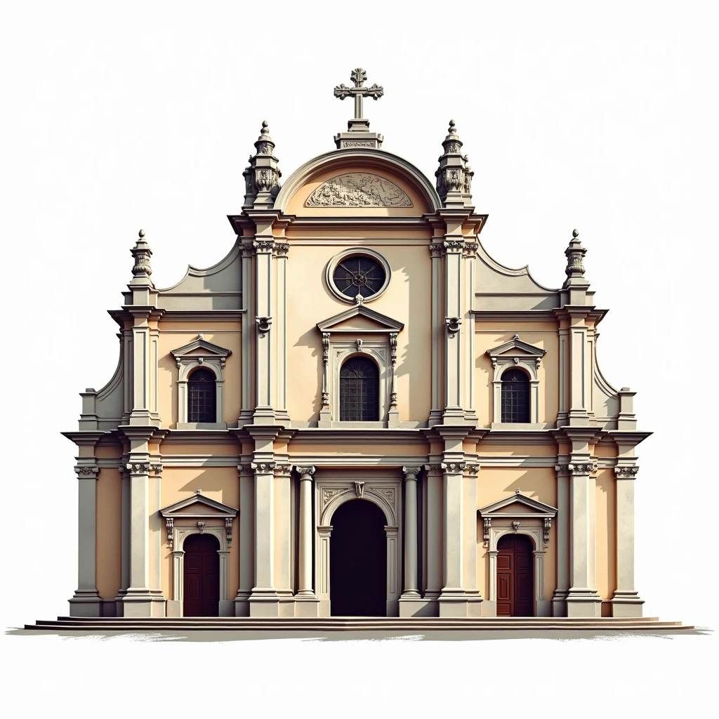 Create a vector-style image of the Ruins of St. Paul’s, showcasing the intricate details of the facade with a clean, modern vector approach.