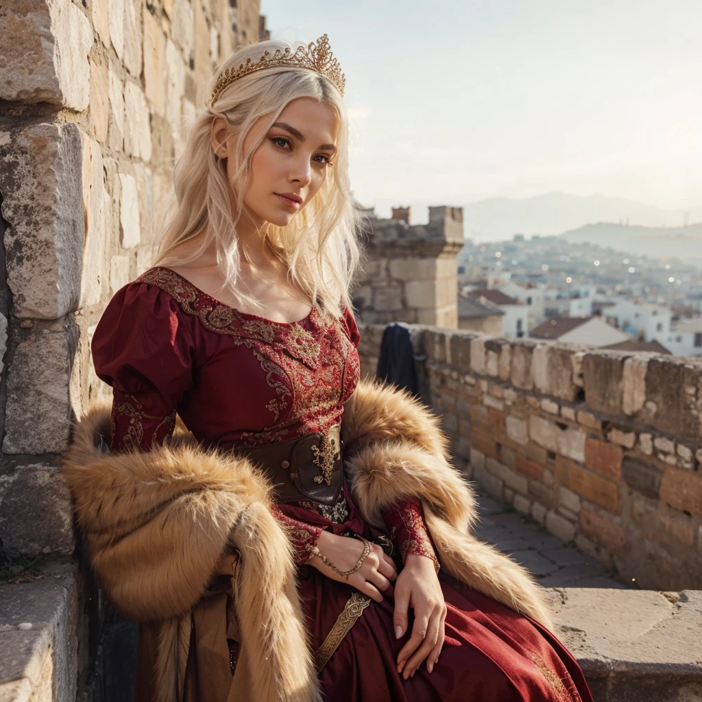 half-body potrait of a 30yo hellenic lady with white hair posing in the edge of a stone balcony. dressed in fancy red medieval royal dress with fur cloak and little tiara. a dagger on his hip. vast medieval city within the wall as the background, sun light exposed, golden hour. high definition, ultra resolution, dynamic gesture