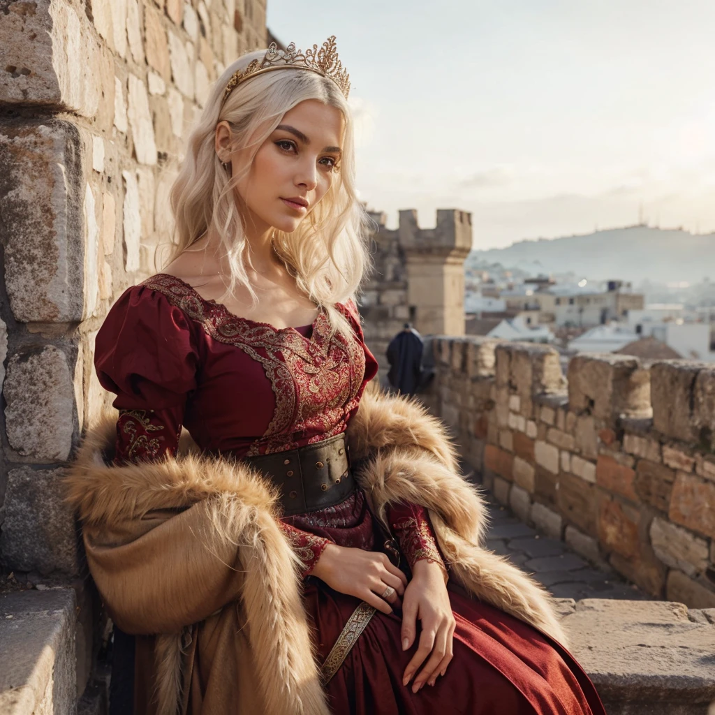 half-body potrait of a 30yo hellenic lady with white hair posing in the edge of a stone balcony. dressed in fancy red medieval royal dress with fur cloak and little tiara. a dagger on his hip. vast medieval city within the wall as the background, sun light exposed, golden hour. high definition, ultra resolution, dynamic gesture