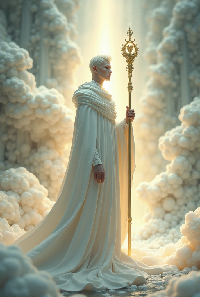 (highly realistic) (work of art) (4k image quality) (hyper detailed) (beautiful perfect face)(fot)(Approximate image)(肌肉男)(sensuous)
"Create an ethereal, luminous scene set in the fifth dimension, featuring a wise fractal being that radiates light. The being is wrapped in a fluid white cloak that covers its entire body, symbolizing purity and wisdom. In your hands, he holds a shining staff, symbol of ancient knowledge and power. The background is filled with soft, luminous fractal patterns that evoke a sense of harmony and enlightenment.. The atmosphere must be serene, with a warm and welcoming light that conveys a message of peace, spiritual ascension and elevation."