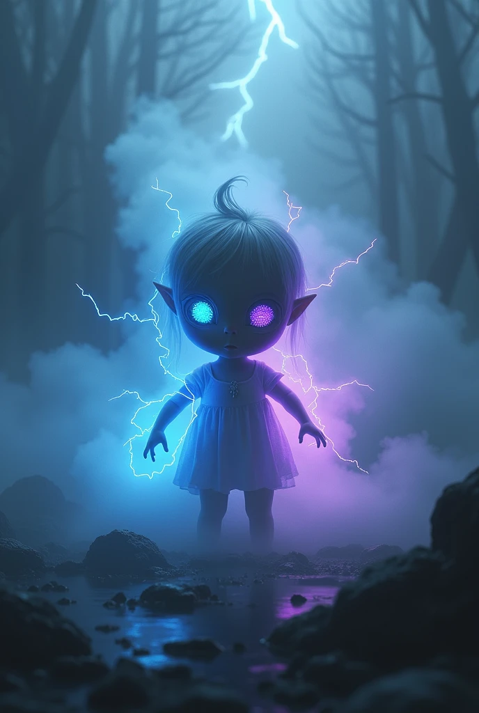 The people in the fog saw a small person with blue and purple eyes and two-colored lightning, blue and purple.