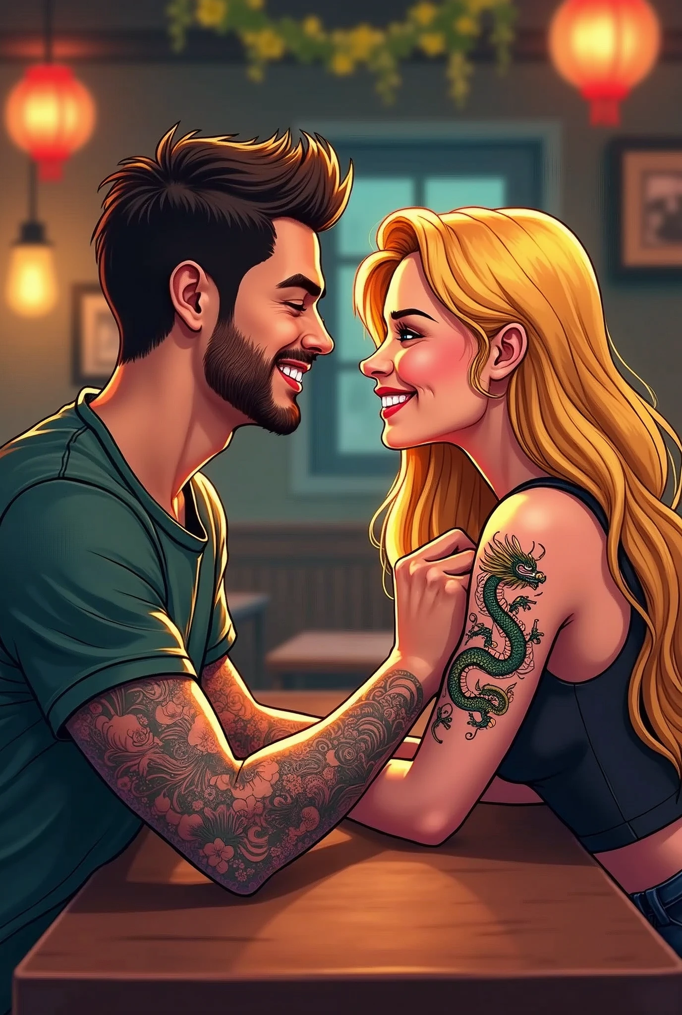 A young man with short dark hair and a beard and a young woman with long blonde hair, both smiling and posing together in what appears to be a restaurant or bar. Create a cartoon where the man tattoos the girl's arm while they exchange passionate glances. Place drawings of Chinese dragons on the man's arm