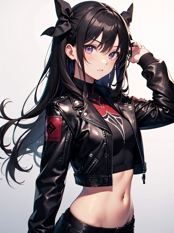 blacked, sports bra, plain black bra, outdoors, standing, cowboy shot, absurdres, perfect anatomy, Masterpiece, black skirt, slightly muscular, perfect face, perfect eyes, smiling, red cheeks, cute, slutty, pleated skirt, normal eyes, beautiful eyes, yukiko, headband, red jacket, open jacket,