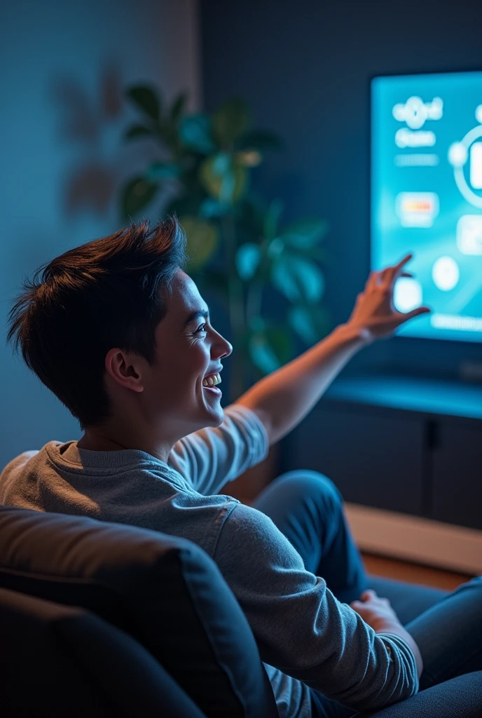  An image that combines the speed of the internet with entertainment and the idea of a "second chance", like a person smiling while watching their TV with a fast connection, with one hand erasing a blackboard representing debt, and a background that symbolizes a new stage or a new beginning.