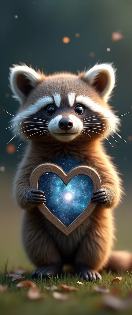 A captivating photograph of a cute extra fluffy baby realistic raccoon elegant heart-shaped hole in the CHEST revealing a cluster of galaxies. The overall atmosphere of the image is light-hearted and playful, capturing the perfect blend of nature and cosmic wonder., photo, 3d render, conceptual art