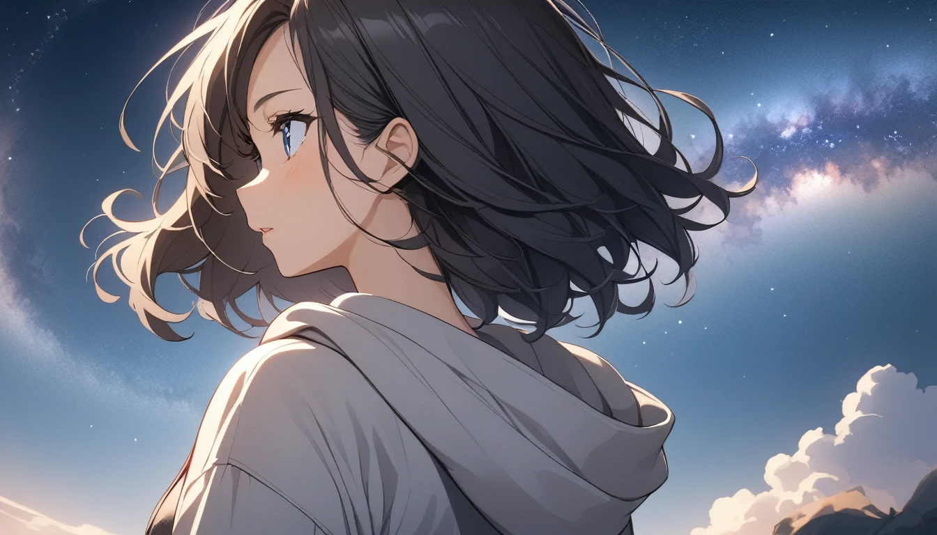 Starry Sky、milky way、One woman、Black Hair、Short Hair、Hair blowing in the wind、Blue Eyes、Wearing a hoodie、Back view、Upper Body、Low - Angle
