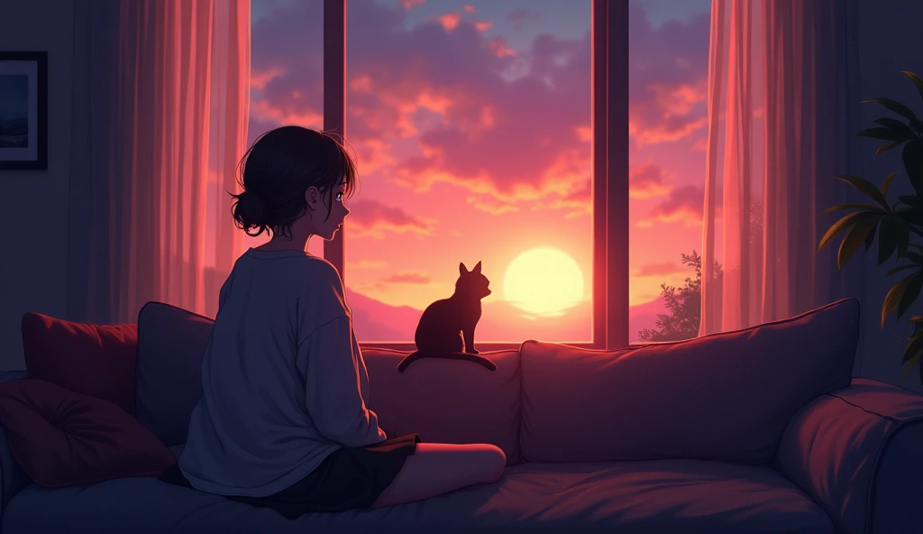 anime girl sitting on a couch looking out a window at a cat, lofi portrait at a window, watching the sun set. anime, by Alena Aenami, lofi art, inspired by Alena Aenami, cozy wallpaper, inspired by Cyril Rolando, lofi artstyle, anime art wallpaper 4 k, anime art wallpaper 4k