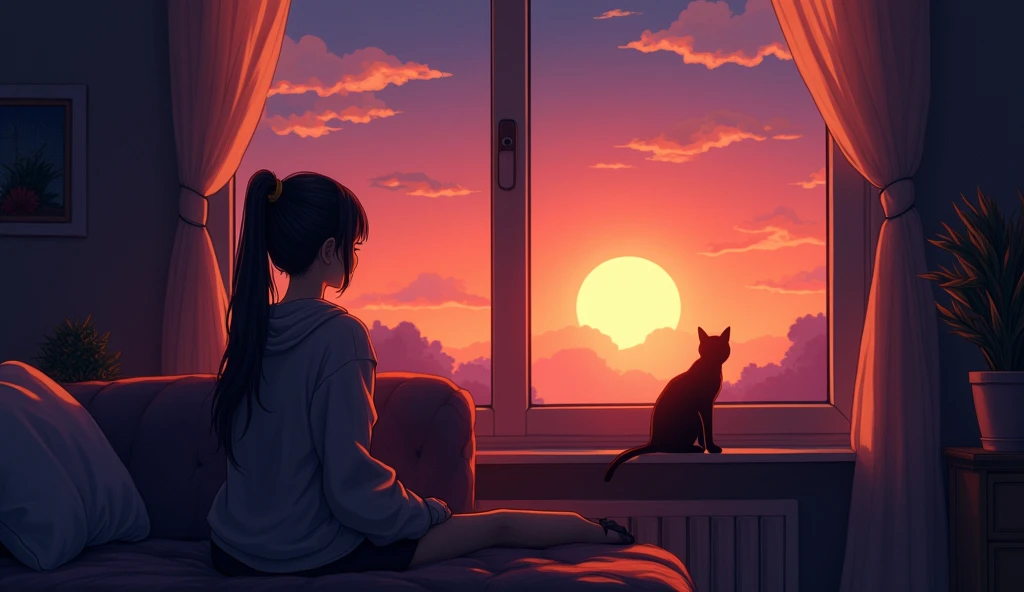 anime girl sitting on a couch looking out a window at a cat, lofi portrait at a window, watching the sun set. anime, by Alena Aenami, lofi art, inspired by Alena Aenami, cozy wallpaper, inspired by Cyril Rolando, lofi artstyle, anime art wallpaper 4 k, anime art wallpaper 4k