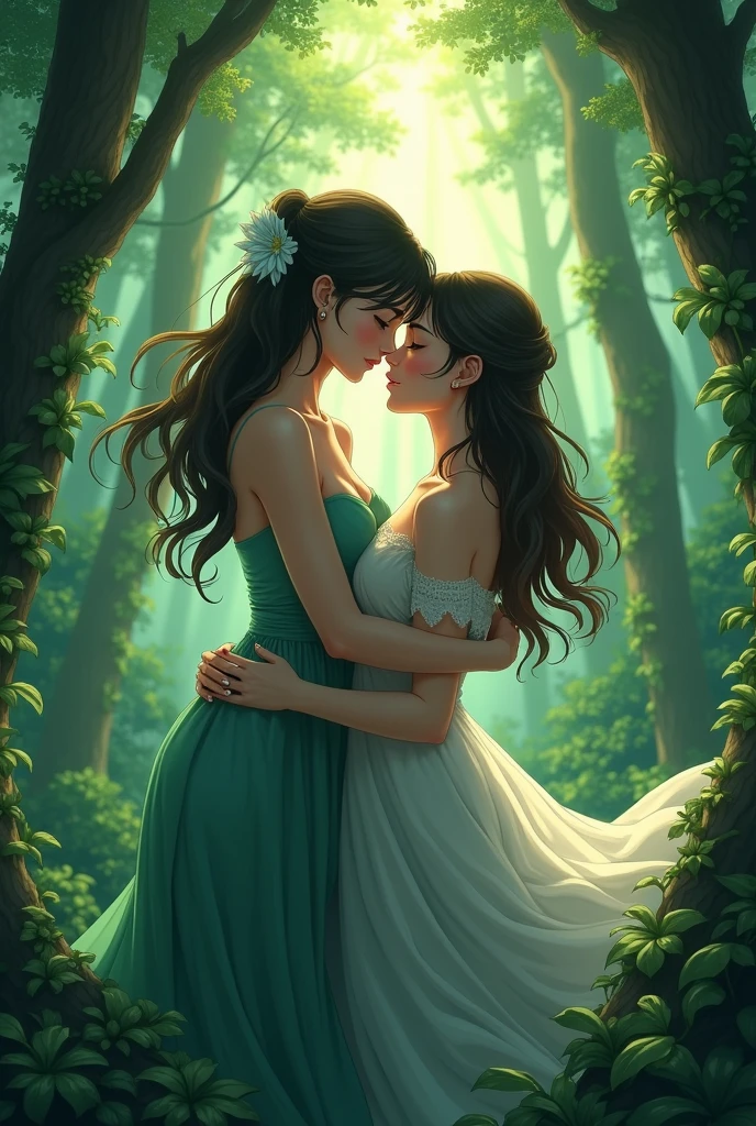 Sex between a woman and a woman、transformation、anime、Highest quality、in the forest