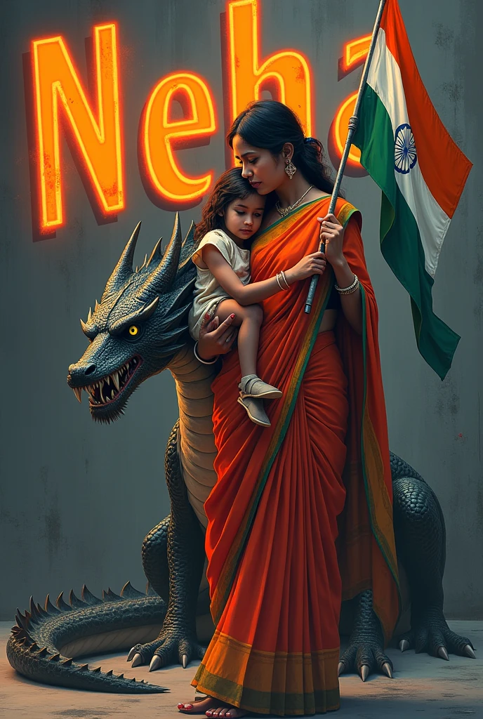Prompt “Illustration A 40 year old mother wearing a tricolour sharee, protecting her daughter from danger an Indian flag in hand. A ferocious dragon is next to him, and he has Indian tricolor wings. ‘Neha‘ is written in large orange neon lights on a dark gray wall in the background. Create a 3D illusion profile picture in 4K.”