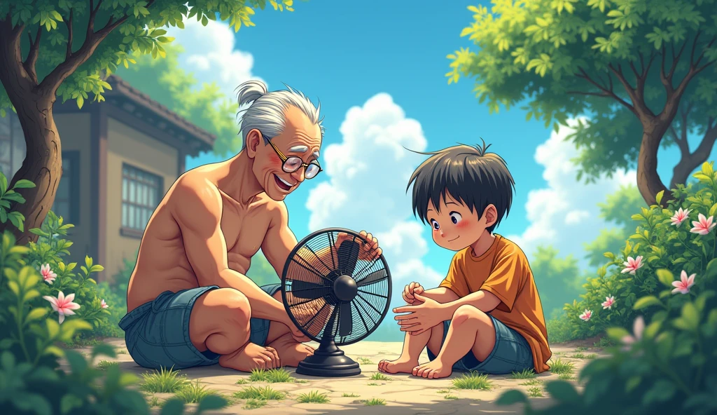 A canvas illustration, anime style, an old man with glasses with his grandkid repairing an old fan, HD, HIGH CONTRAST, SITTING OUTSIDE THE HOUSE, JINXUAN SUMMER TIME. THE GRANDPA IS WEARING HALF PANT. NEARBY THERE ARE TREES WUTH LEAVING BLOWING. THE SKY IS COVERED WITH BLUE WHITE CLOUDS. BIRDS ARE CHIRPING. FLOWER PLANTS NEARBY. THE GRANDKID IS SWEATING