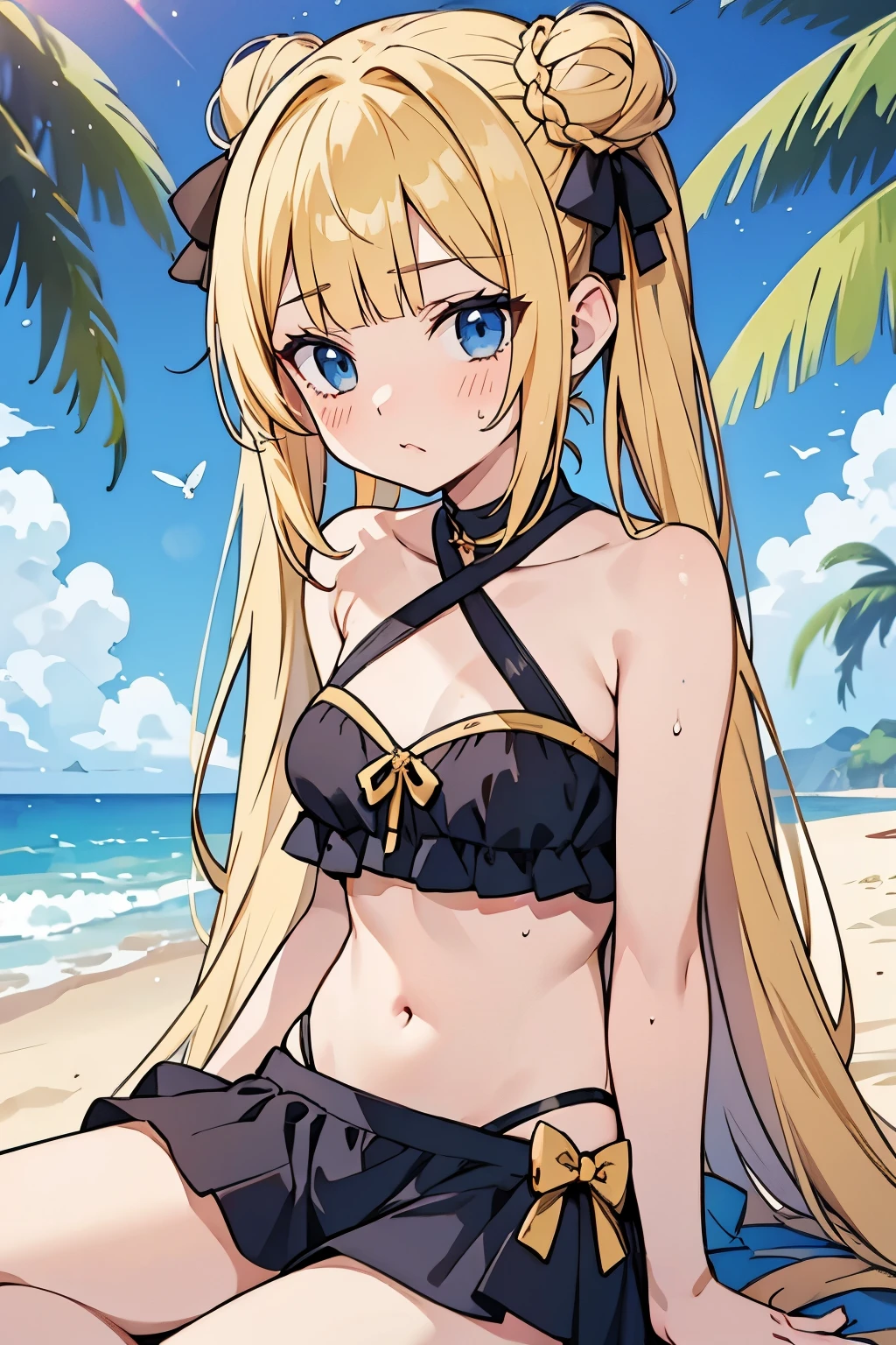 fairy_tail_style, solo, 1 girl, (young female body:1.4), (medium small breasts), golden yellow hair, extra long hair, blunt bangs, crystal blue eyes, very detailed eyes, cowboy shot, detailed eyes, beach house, sand, black tankini, tight swim suit, bikini with skirt, space buns, bows and ribbons, cute swimskirt, sitting in the sand, sitting butterfly position 