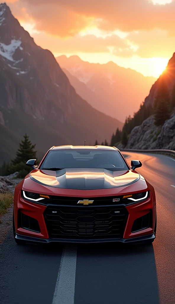 Chevrolet Camaro　Sunset　View from the bottom of the mountain pass
