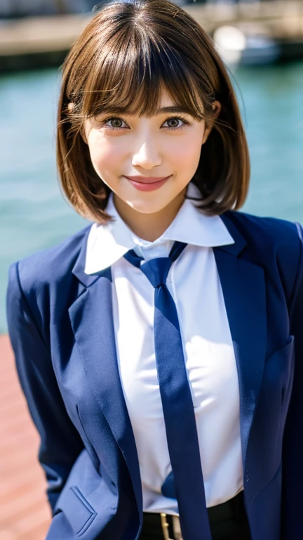Highest quality, masterpiece, Realistic, RAW Photos, High resolution, Intricate details,Very detailed, Japanese Beauty, Attractive eyes, Straight hair, Bright smile, Asymmetrical bangs, Light brown hair, Bob Hair, (Navy blue double blazer), (White collared shirt with navy blue tie), (Navy blue tight skirt), Black pumps, firm and youthful breasts, background, harbor, blue sea, 8k, full body,