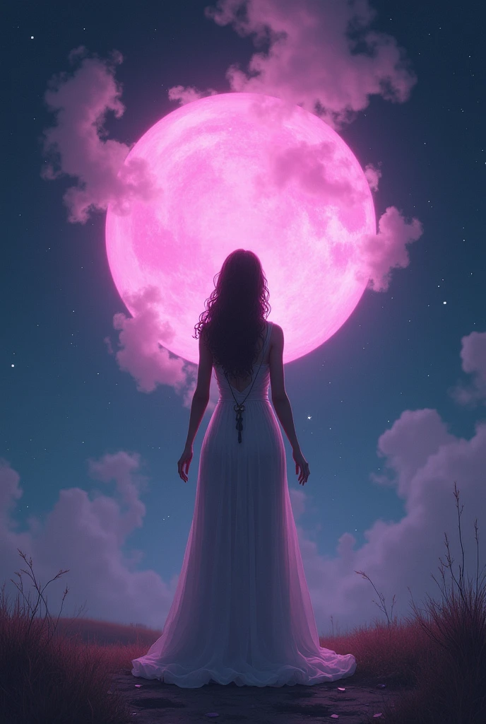 Nuit étoilée avec un portail surnaturel rond et rose avec de la fumée et une femme de dos devant tenant un colier