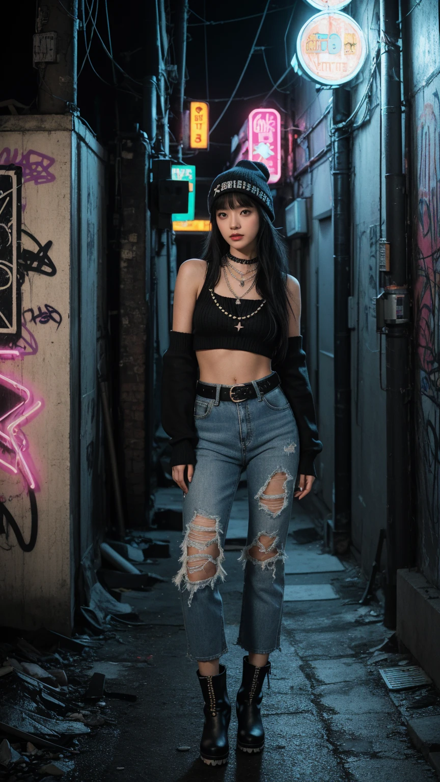 A girl posing in a grungy, neon-lit urban alleyway. Black hair with bangs, The girls wear edgy streetwear, wide leg jeans, fur boots, beanie blaster, and sleeveless crop top vintage, pearls and stars necklace, eyelet belt, half finger gloves, fhdhsh, long sleeves crochet sweater, The alleyway is dark and atmospheric, with graffiti-covered walls and glowing neon signs, grungy aesthetic, high angle