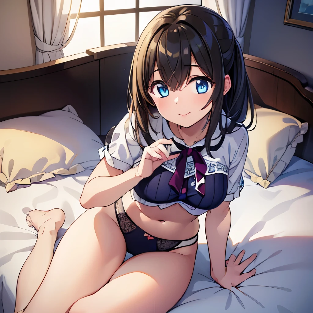 ((masterpiece)), ((best quality)), (ultra-detailed), on the bed, a cute girl, 1girl, solo, underwear00, ((beautiful eyes)), smile