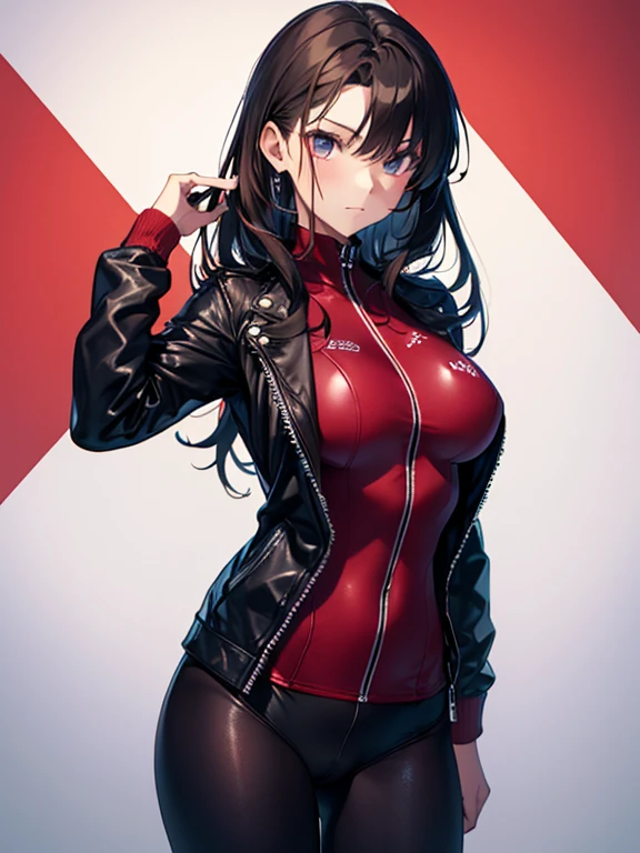 ridersuit, 12 Talents, Black Leather Jacket, School Swimsuit, cute, Beauty, Tohsaka Rin, (masterpiece), highest quality, 1girl, uhd, retina, masterpiece, ccurate, anatomically correct, textured skin, super detail, high details, high quality, best quality, highres, 4K