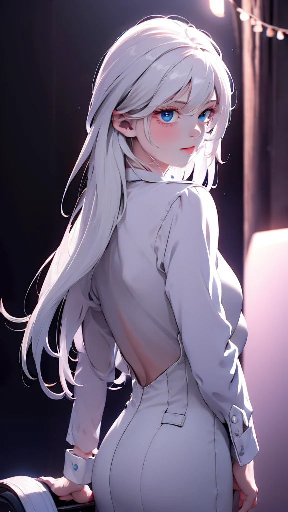 1 Girl, medium light white hair, light blue eyes, wearing Black Suit 4D , night club TOWN , high res, ultrasharp, 8K, masterpiece, looking from behind
