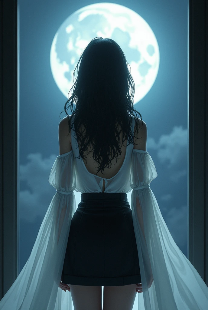 A woman with long black hair, wearing a white dress and a short black skirt, stands looking at the moon in front of the window.
