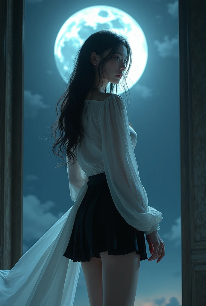 A woman with long black hair, wearing a white dress and a short black skirt, stands looking at the moon in front of the window.