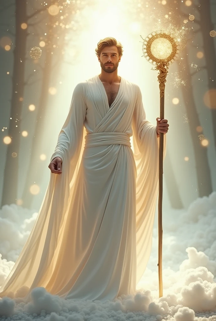 (highly realistic) (work of art) (4k image quality) (hyper detailed) (beautiful perfect face)(fot)(Approximate image)(肌肉男)(sensuous)
"Create an ethereal, luminous scene set in the fifth dimension, featuring a wise fractal being that radiates light. The being is wrapped in a fluid white cloak that covers its entire body, symbolizing purity and wisdom. In your hands, he holds a shining staff, symbol of ancient knowledge and power. The background is filled with soft, luminous fractal patterns that evoke a sense of harmony and enlightenment.. The atmosphere must be serene, with a warm and welcoming light that conveys a message of peace, spiritual ascension and elevation."