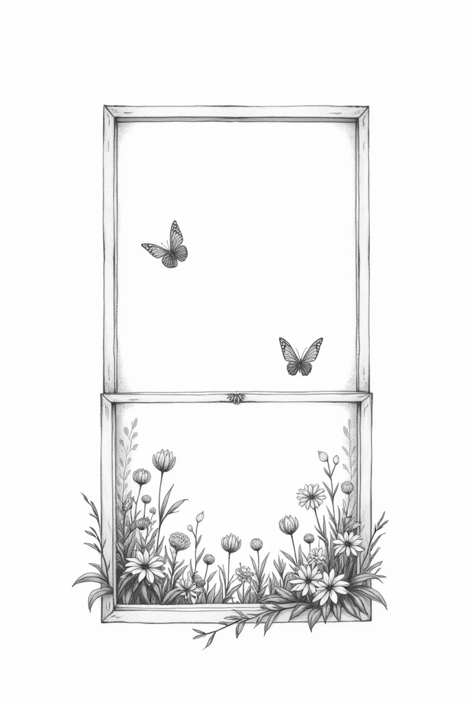 Create a very minimalist and delicate black and white illustration for a tattoo with fine lines of a vintage French style window with a flower garden with butterflies outside.
