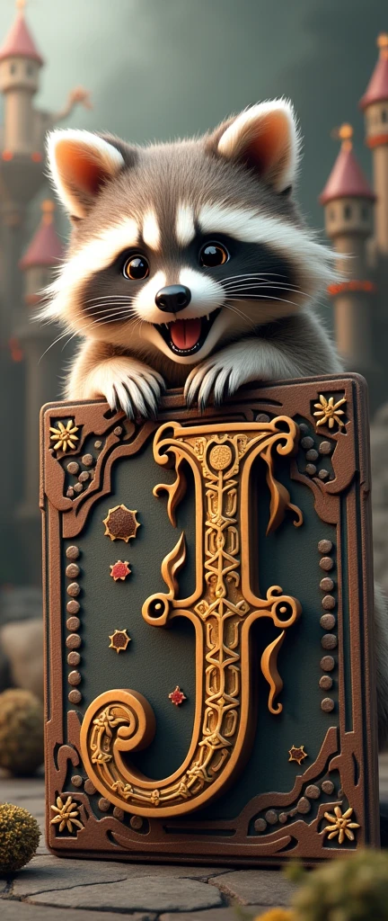 A whimsical and enchanting 3D render illustration of a medieval playing card featuring an adorable, extra fluffy baby raccoon as the Joker character. The card is intricately designed with detailed motifs and patterns, including a large, bold "J" adorned with ornate flourishes. The raccoon's wide smile is accentuated by the card's design, giving it a playful and charming atmosphere. The background showcases a medieval setting with castles, turrets, and a touch of modern design, creating a unique and eye-catching illustration that captivates the viewer., photo, conceptual art, 3d render