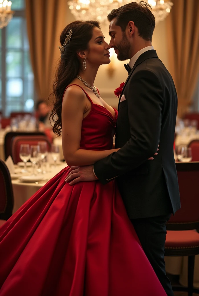 Create a love image for my wife With a photograph of her,wearing a red dress. in a luxurious restaurant