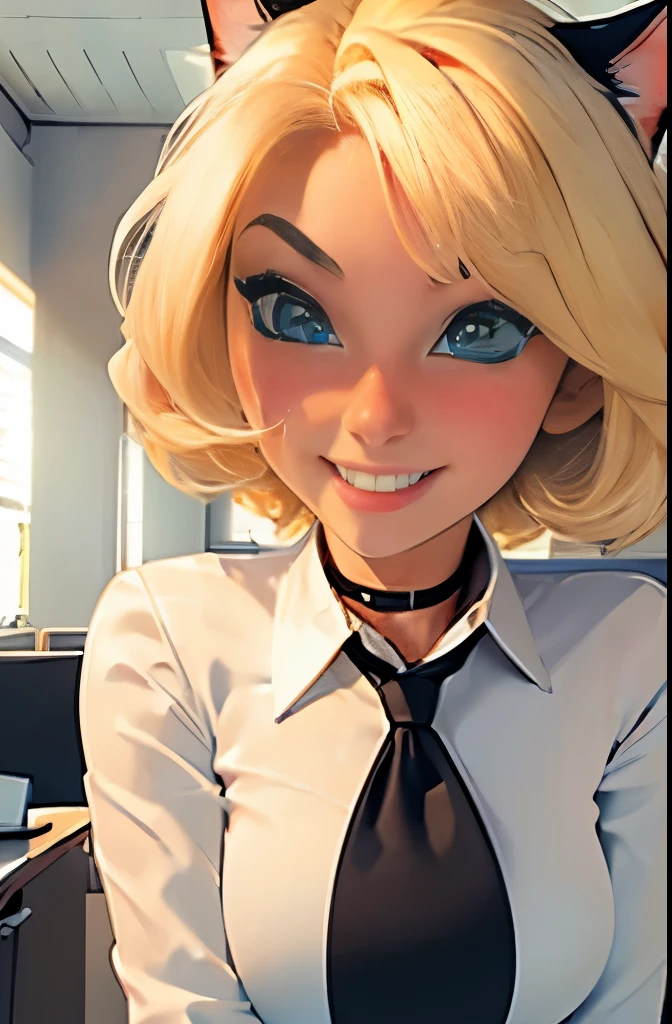 nsfw, masterpiece, (best quality:1.2), (sharp focus:1.2),, 1 girl, slim girl,, (blonde|light_yellow hair), cat ears,, detailed face, young|cute face, blush, evil smile,, natural breasts, thin arms,, white collared shirt with black tie, black choker,, in a modern office, indoor